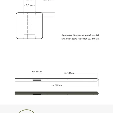 Lichtgewicht betonpaal met diamantkop ongecoat 8,5x8,5x280 cm, tussenpaal, grijs.