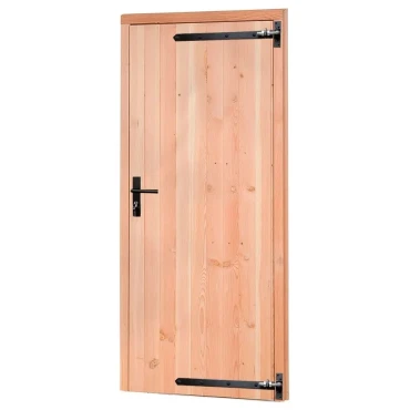 Douglas enkele dichte deur met zwart beslag inclusief kozijn, rechtsdraaiend, 90 x 201 cm, onbehandeld.