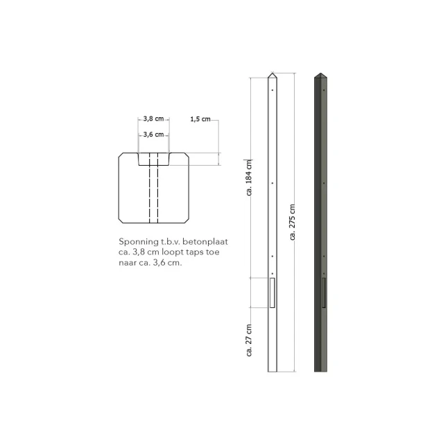 Lichtgewicht betonpaal met diamantkop ongecoat 8,5x8,5x280 cm, eindpaal, antraciet.