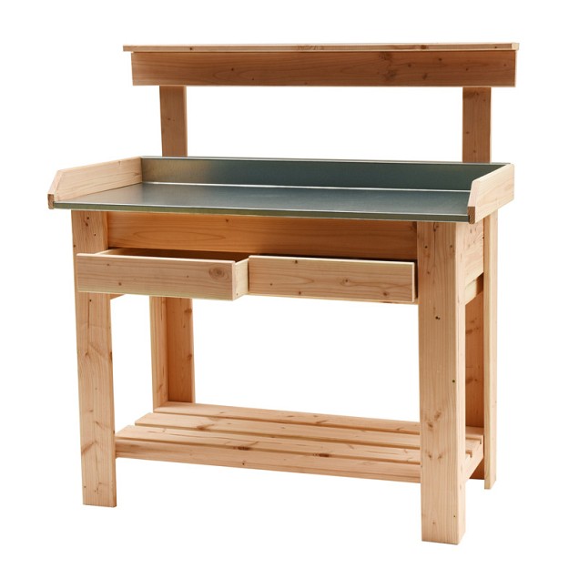 Tuinwerktafel douglas met zinken blad, 109 x 85 x 48 cm.