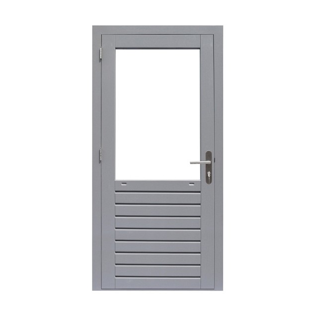 Hardhouten enkele 1-ruits deur Prestige met dubbelglas, linksdraaiend, 109 x 221 cm, grijs gegrond.