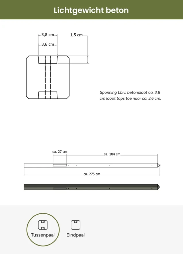 Lichtgewicht betonpaal met diamantkop ongecoat 8,5x8,5x280 cm, tussenpaal, grijs.