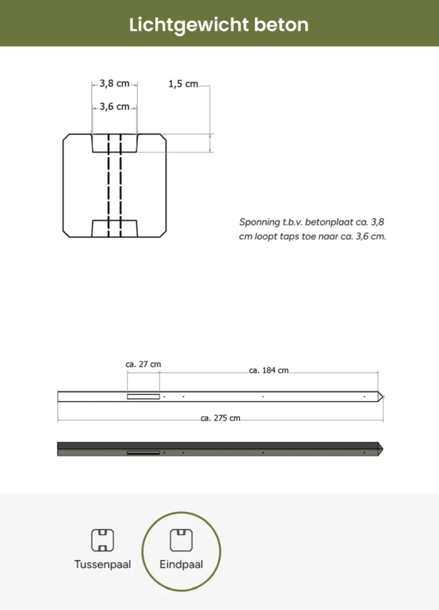 Lichtgewicht betonpaal met diamantkop ongecoat 8,5x8,5x280 cm, eindpaal, antraciet.